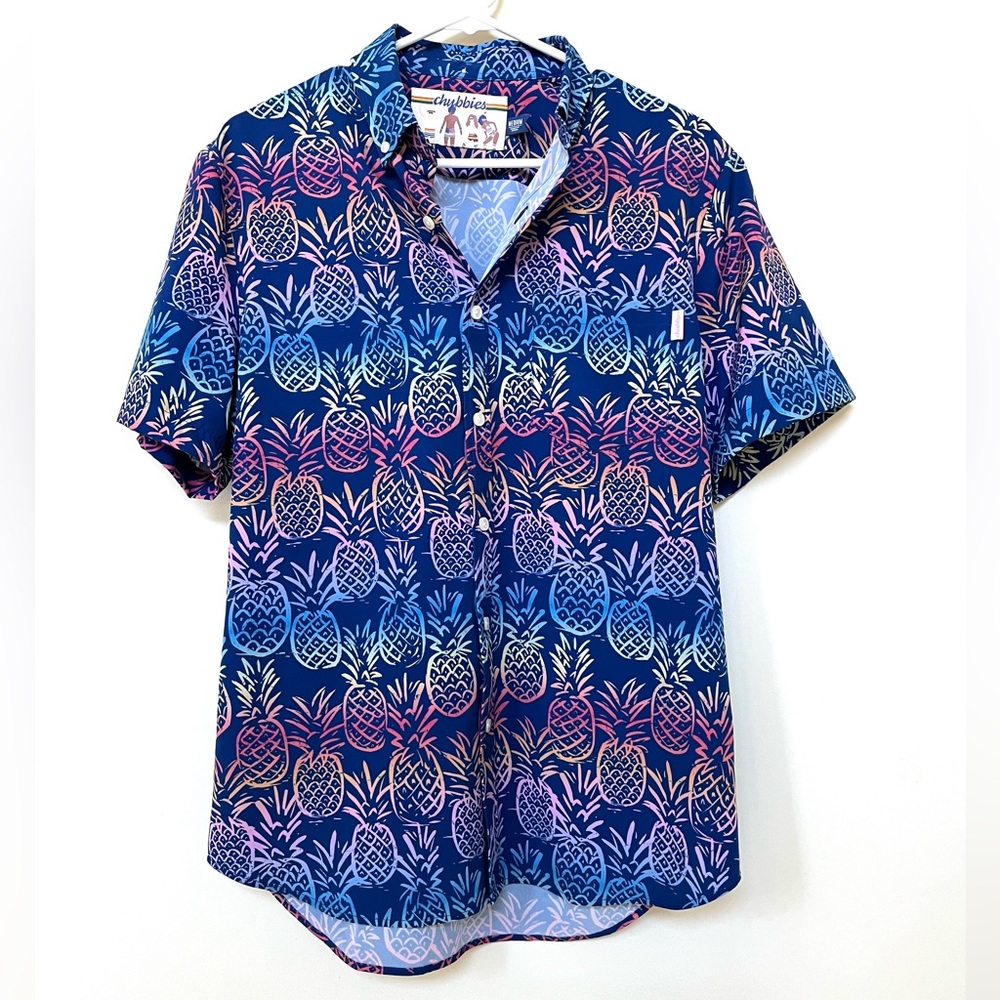 Fun Chubbies Men’s Short Sleeve Hawaiian Button Down Pineapple Shirt - Medium